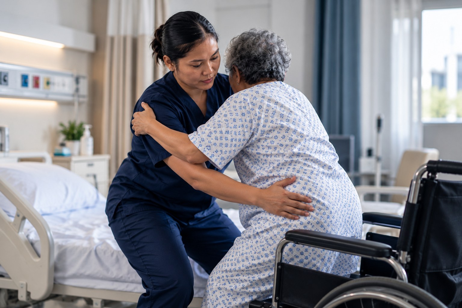 A trained caregiver performing a supported transfer