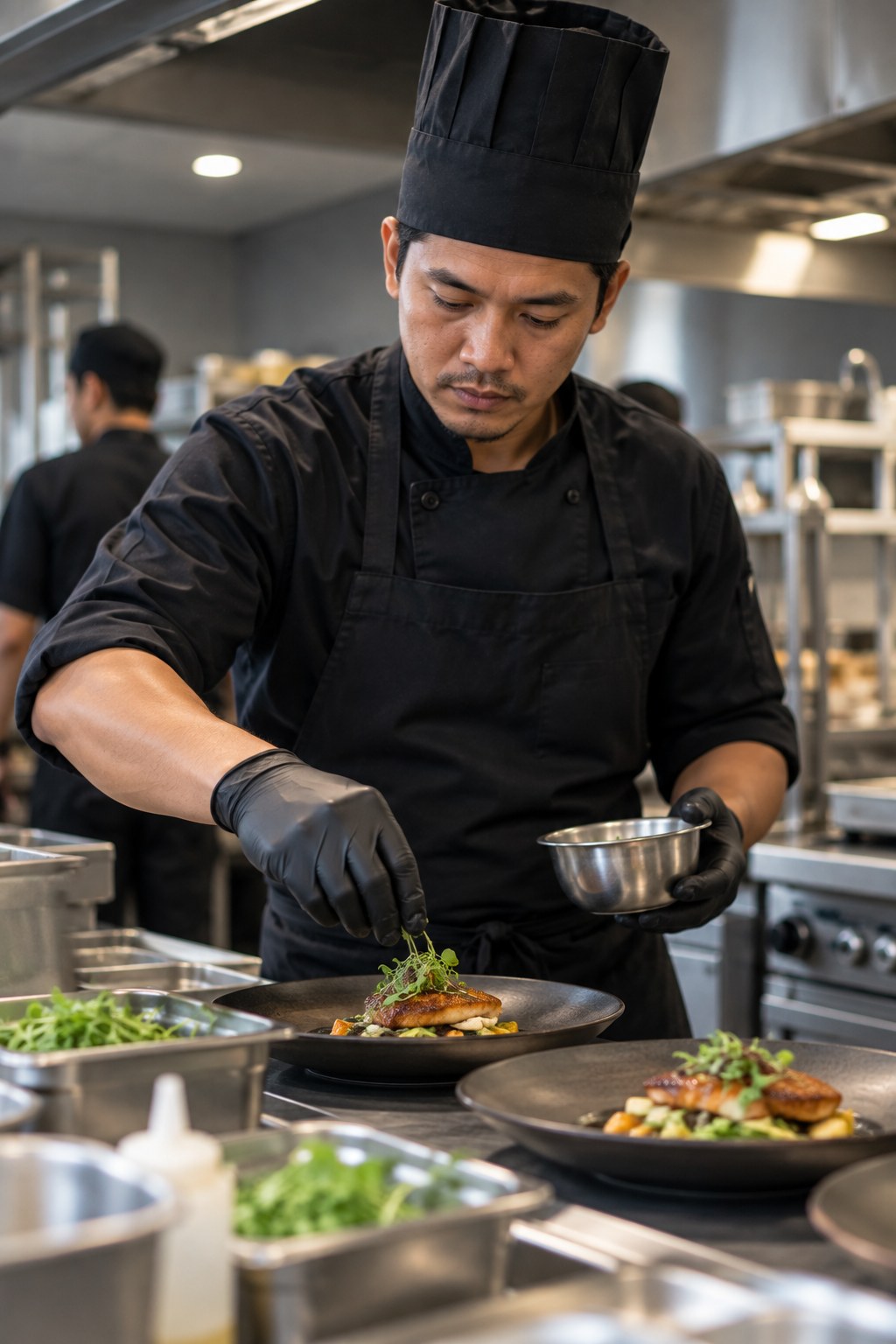 Cook plating a dish in a professional kitchen