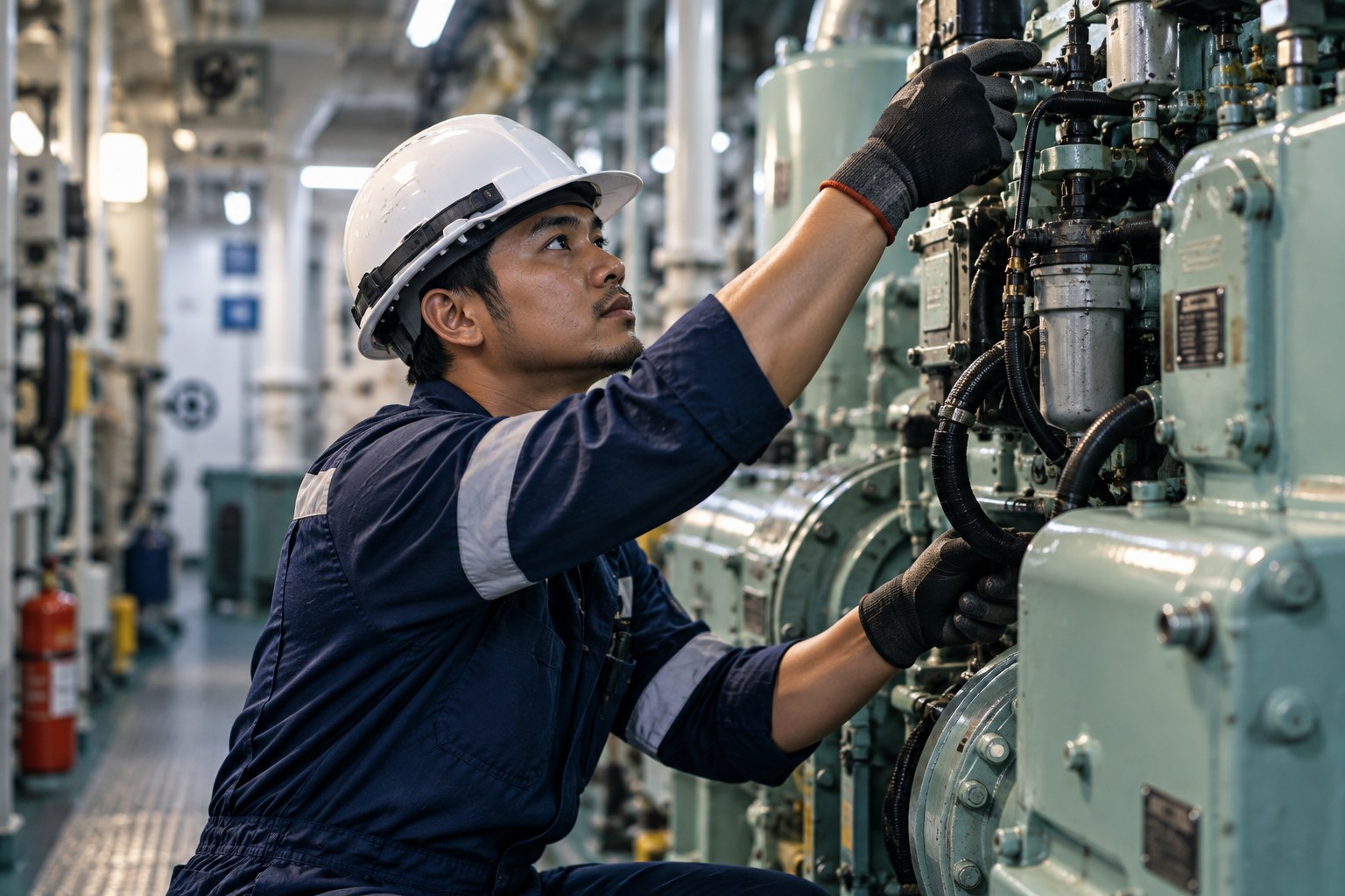 Marine engineer inspecting an engine